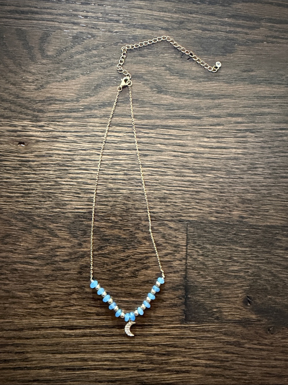 Gold Moon Pendant Necklace with Blue Beads - Women Jewelry